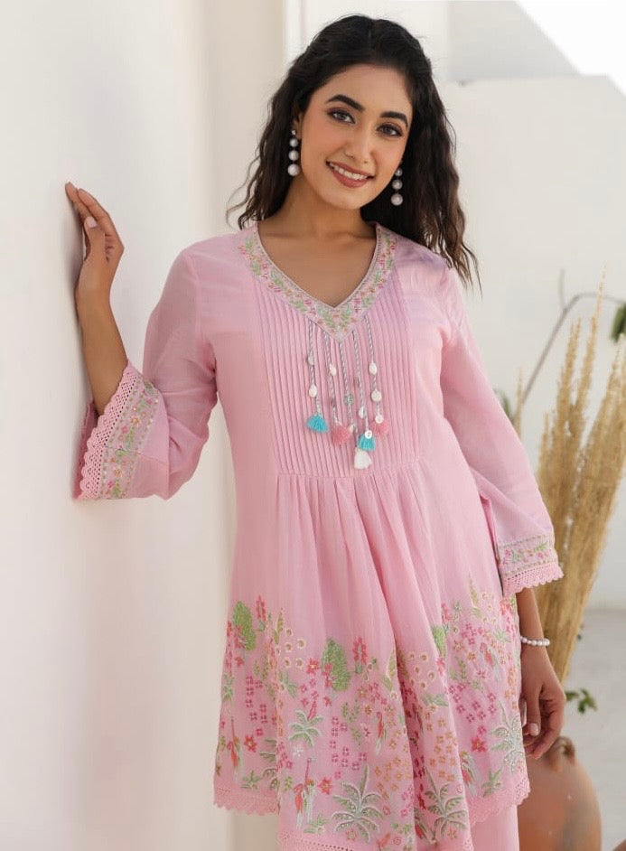 Beautiful Two Piece Designer Floral Print Malmal Co-ord Set