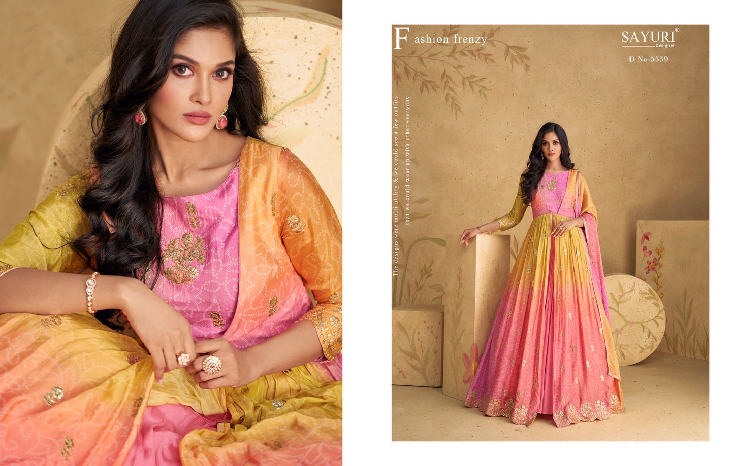Pink and Gold Ombré Anarkali Suit with Bandhani Prints
