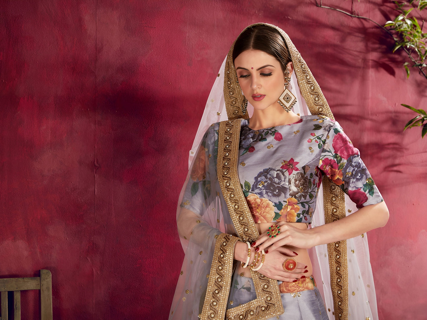 Grey Floral Printed Lehenga with Designer Blouse & Net Dupatta