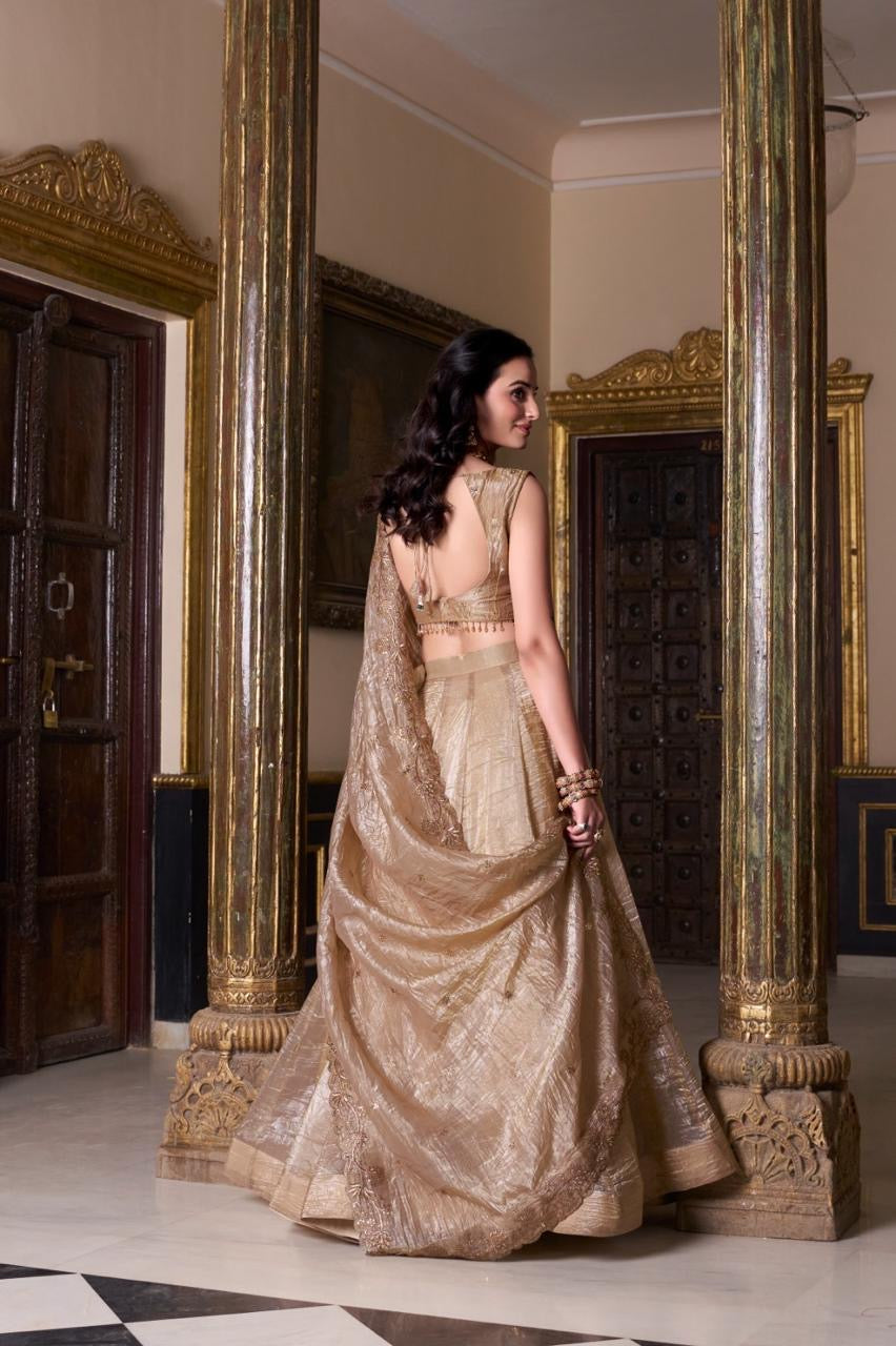 Premium Designer Lehenga - Gold Crush Embroidered with Blouse & Dupatta