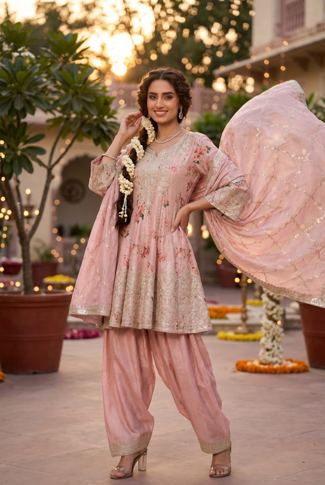Blush Pink Floral Anarkali Kurta with Patiala Salwar & Dupatta