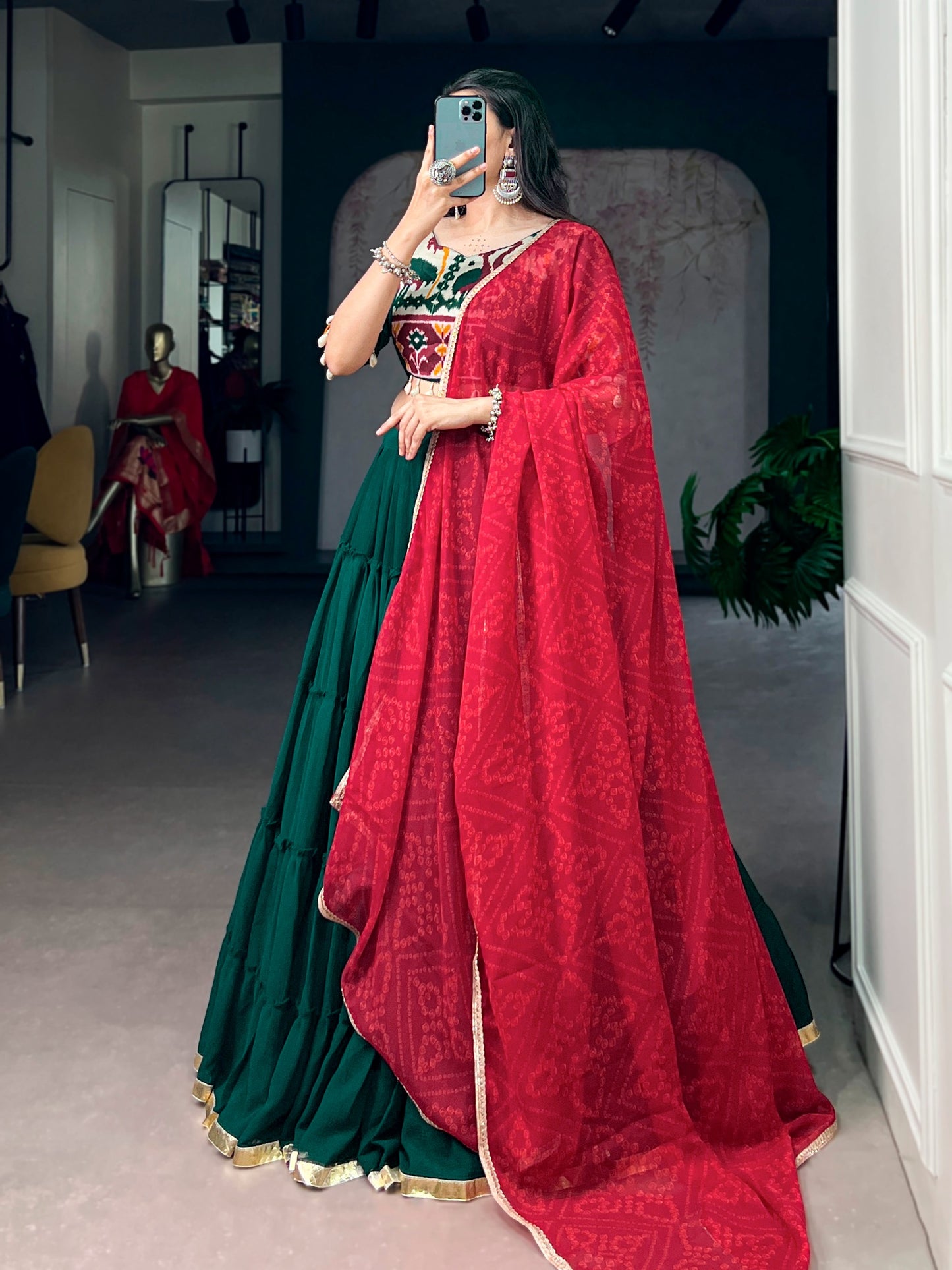 Navratri Special Bottle Green Marble Lehenga Choli with Red Bandhani Dupatta