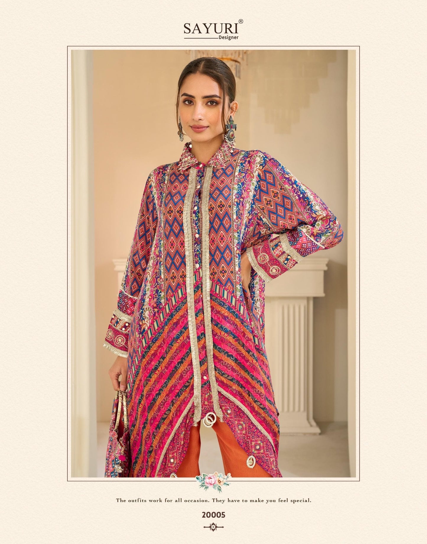 Multi-Color Geometric Print High-Low Tunic with Embellished Trousers with handbag