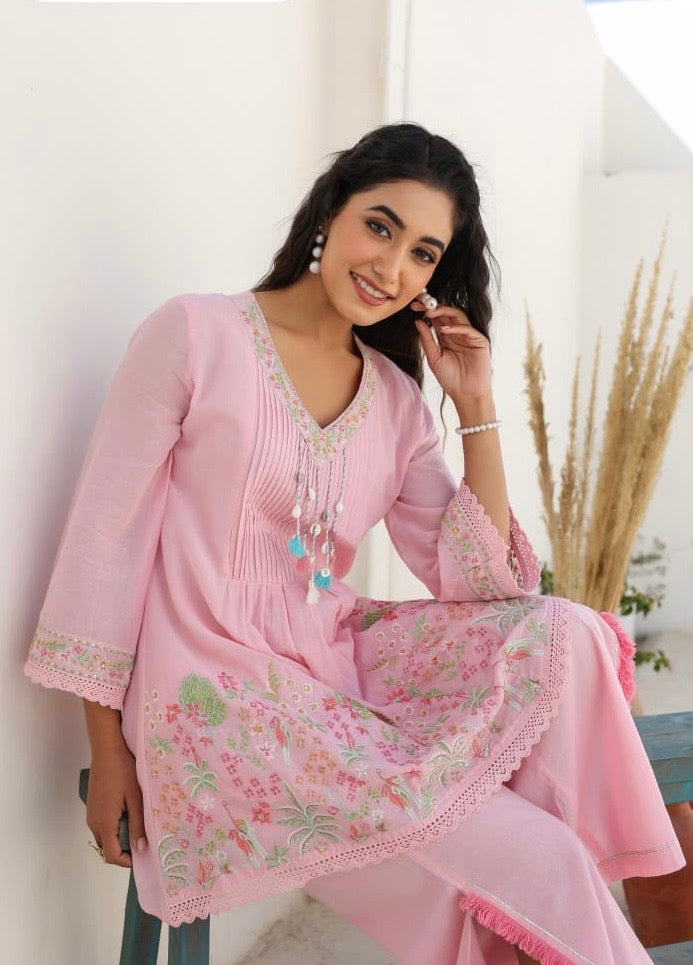 Beautiful Two Piece Designer Floral Print Malmal Co-ord Set