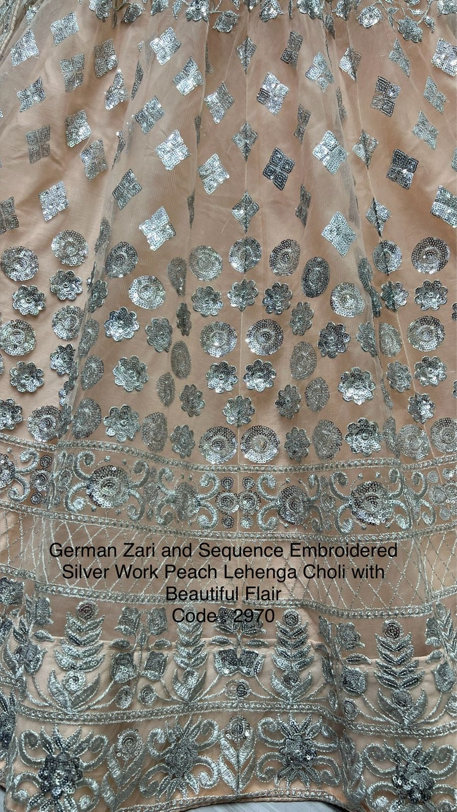 German Zari and Sequin Embroidered Silver Work Peach Lehenga Choli with Beautiful Flair