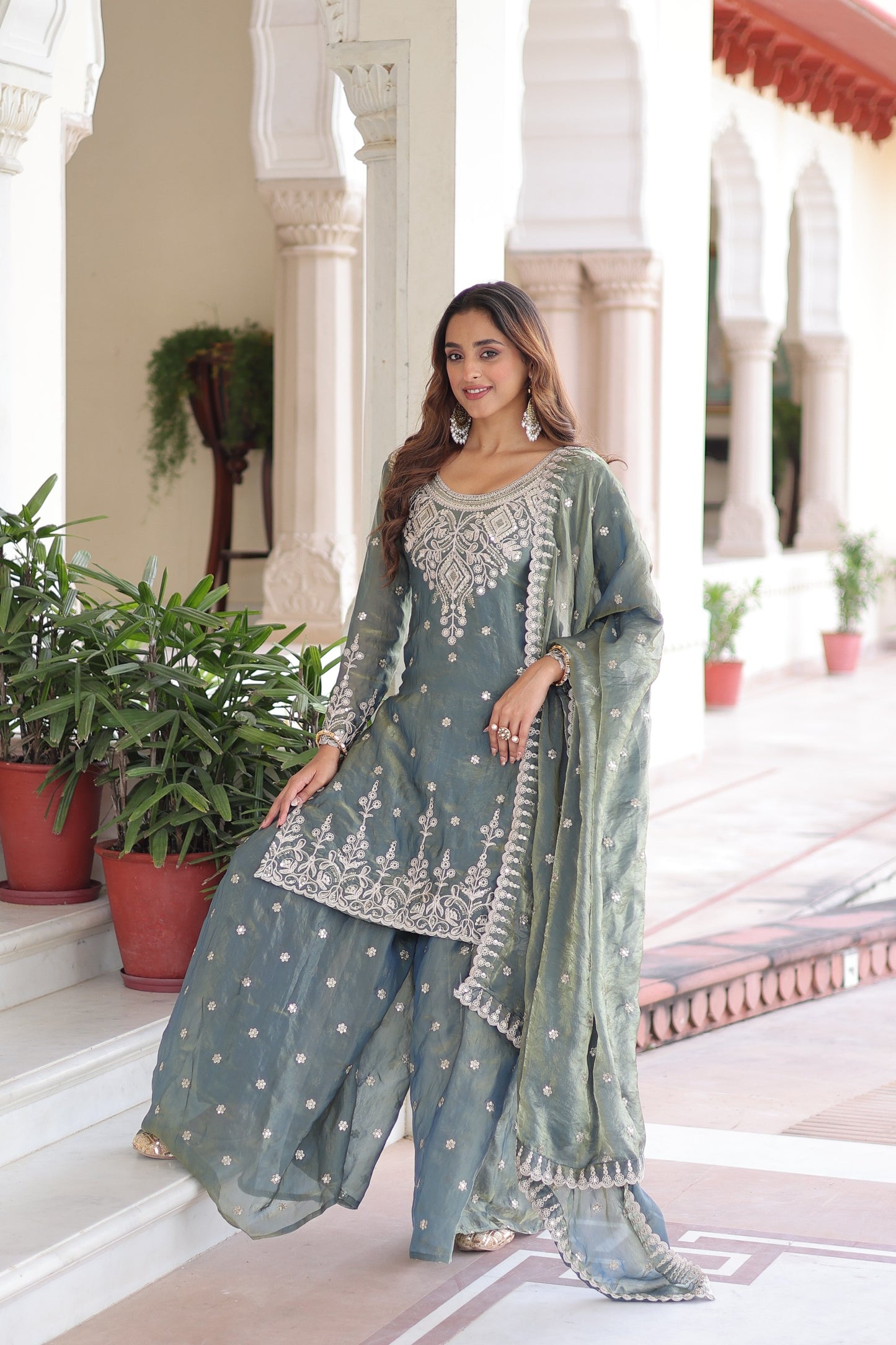 Premium Designer Sharara Set - Fendi Silk Embroidered Kurti with Dupatta