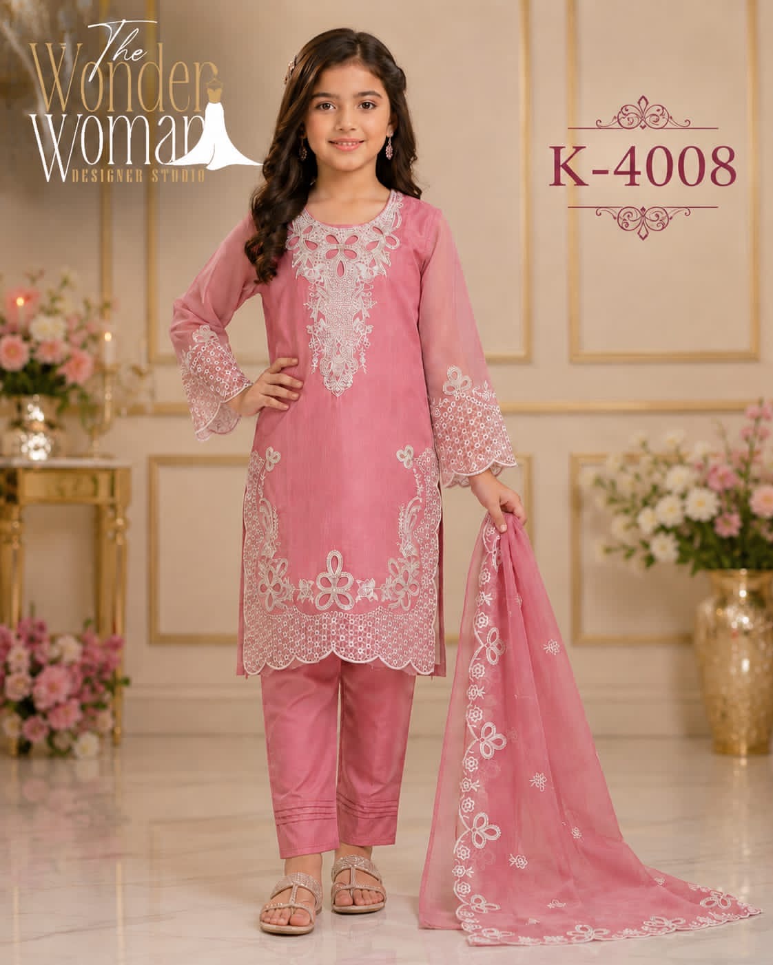 Little Princess Girls Organza Embroidered Cutwork Suit with Delicate Handwork