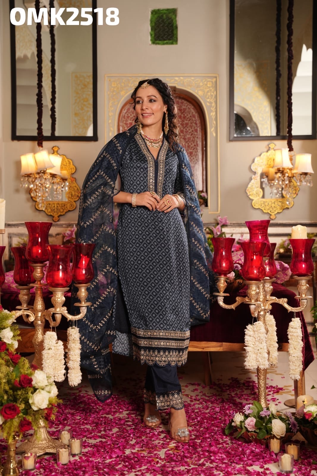 Beautiful Three Piece Digital Designer Print Full Sleeve Pure Chinon Nyra Cut Straight Kurti Set With Embroidery