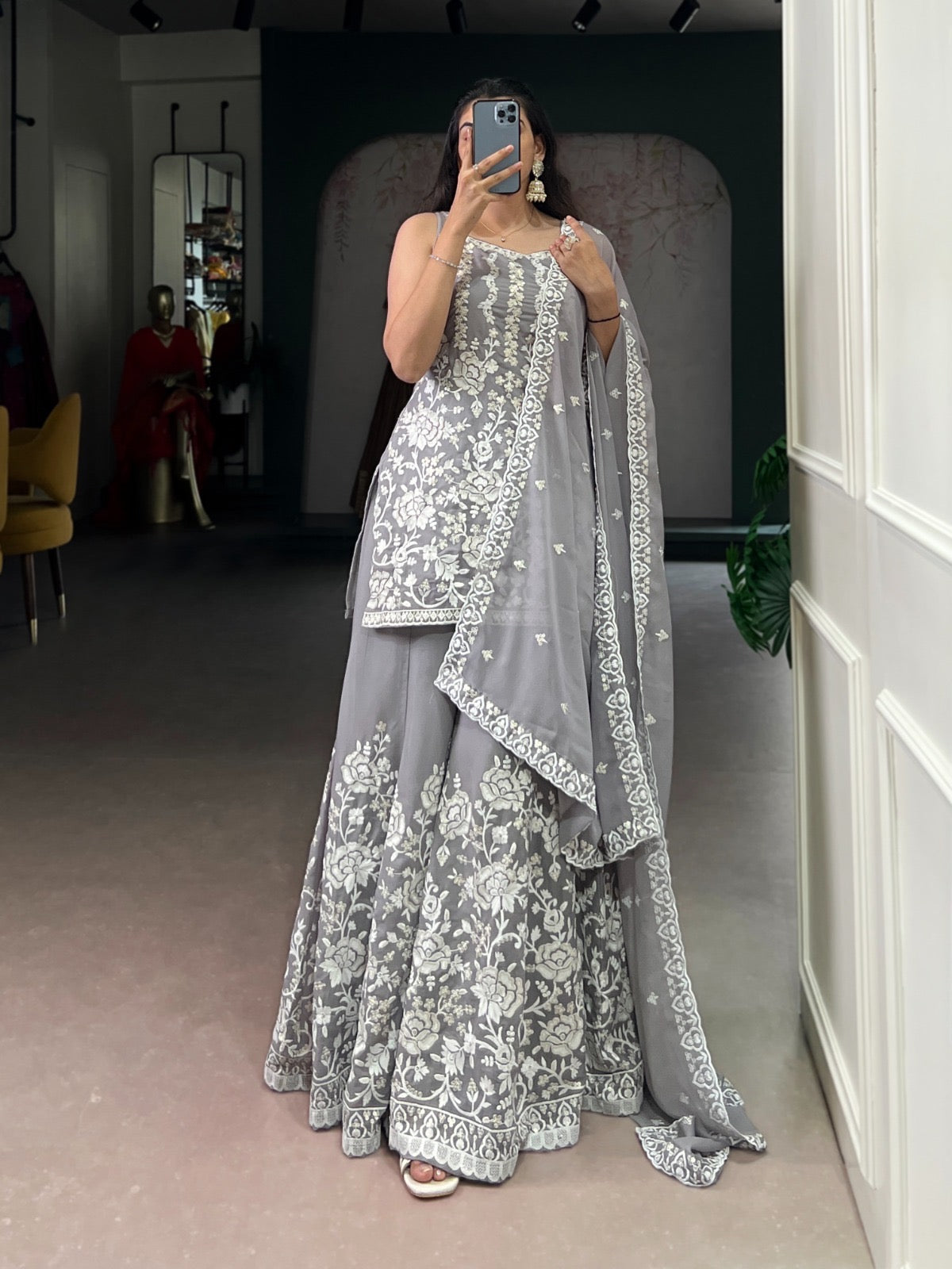 Embroidered Star Georgette Sharara Suit Set - Sequins & Thread Work with Dupatta