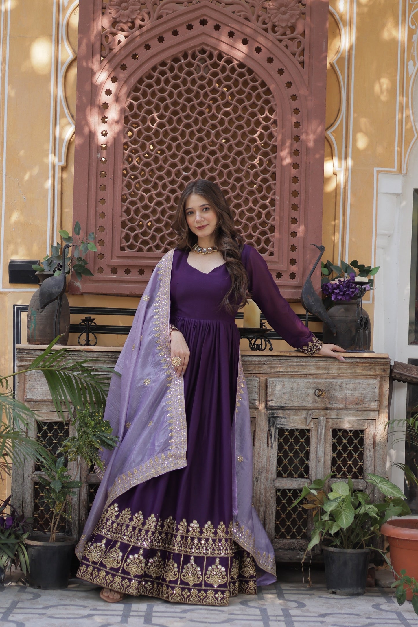 Designer Readymade Gown - Star Georgette Embroidered with Zari Sequins & Dupatta