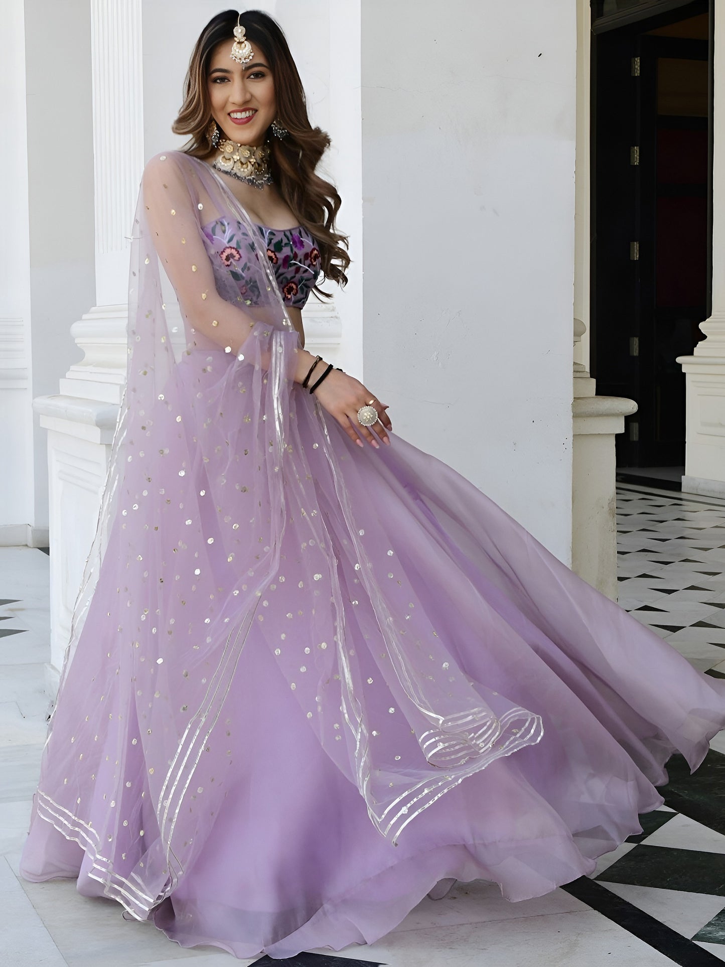 Lavender Organza Lehenga Choli with Floral Blouse