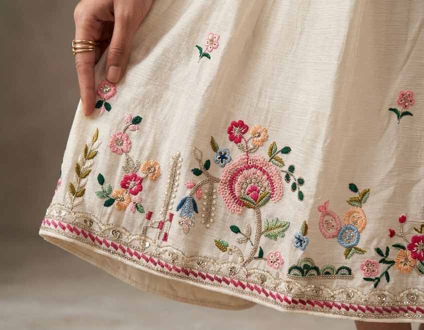 Floral Embroidered Frock-Style Chinon Sharara Set with Dupatta