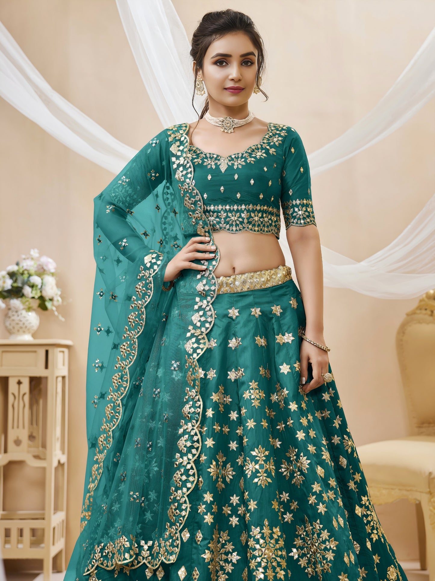 Emerald Green Zari Embroidered Lehenga