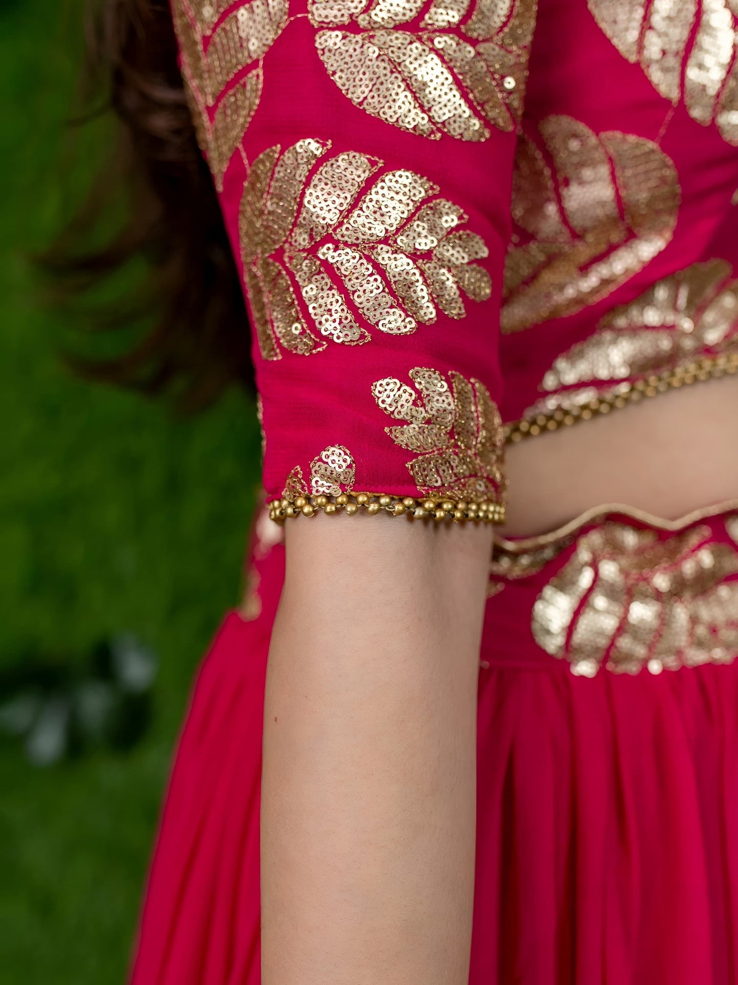 Hot Pink Designer Lehenga with Golden Leaf Embroidery