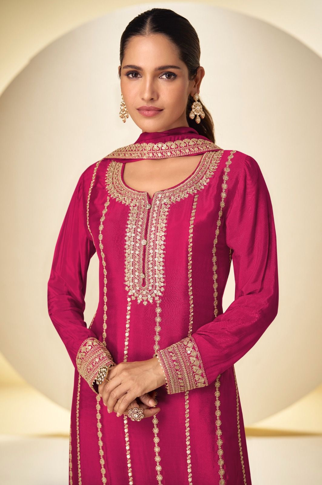 Embroidered Real Chinon Plazo Kurta Set with Dupatta