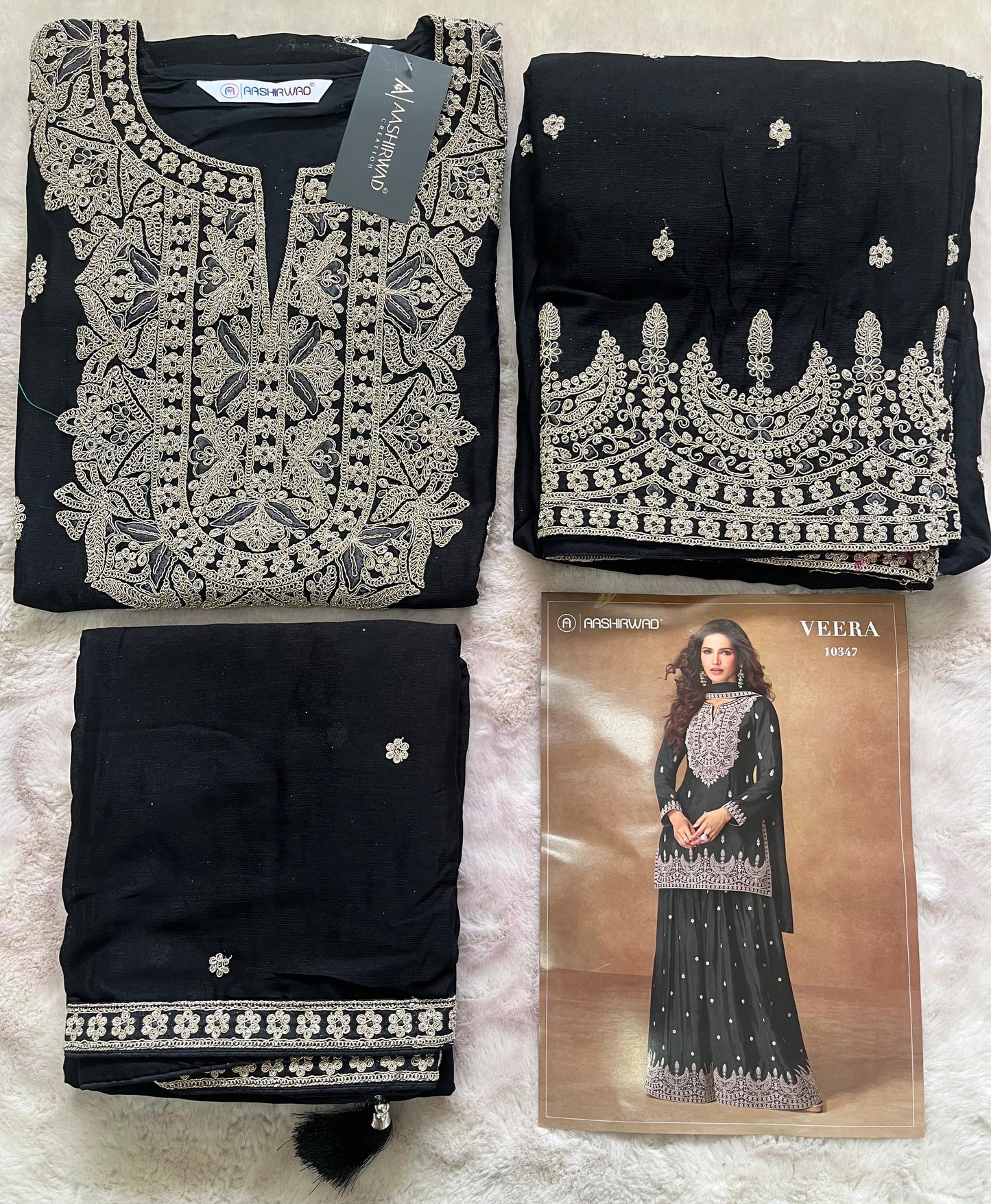 Mor-Bagh Black & Beige Embroidered Chinon Silk Plazo Kurti Set