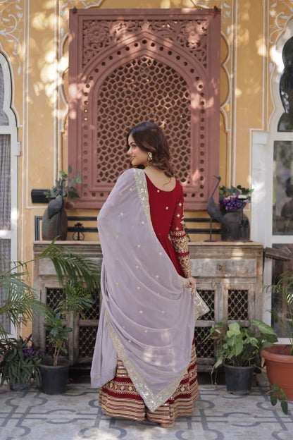 Crimson Red Faux Blooming Anarkali Gown with Zari Sequin Embroidery & Dupatta