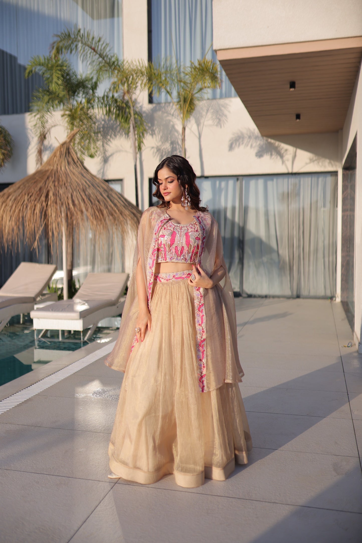Champagne Gold Sindur Silk Lehenga Choli with Shrug