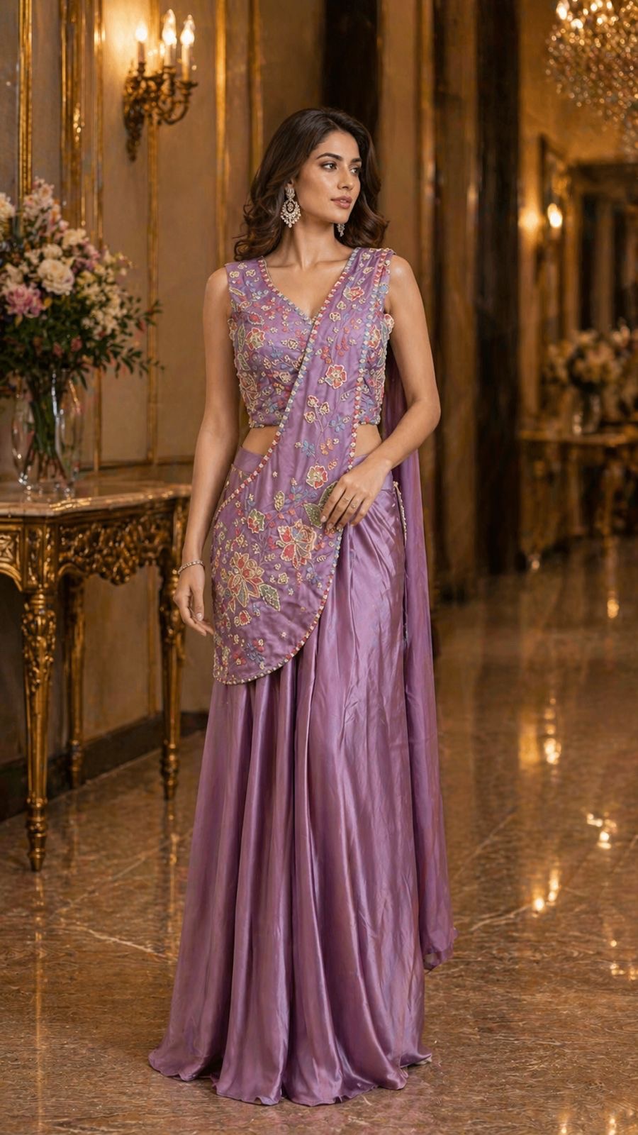 Enchanted Embroidered Armani Satin Ready-to-Wear Saree Set