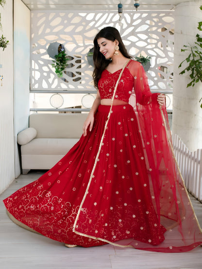 Red Embroidered Festive Lehenga Choli Set