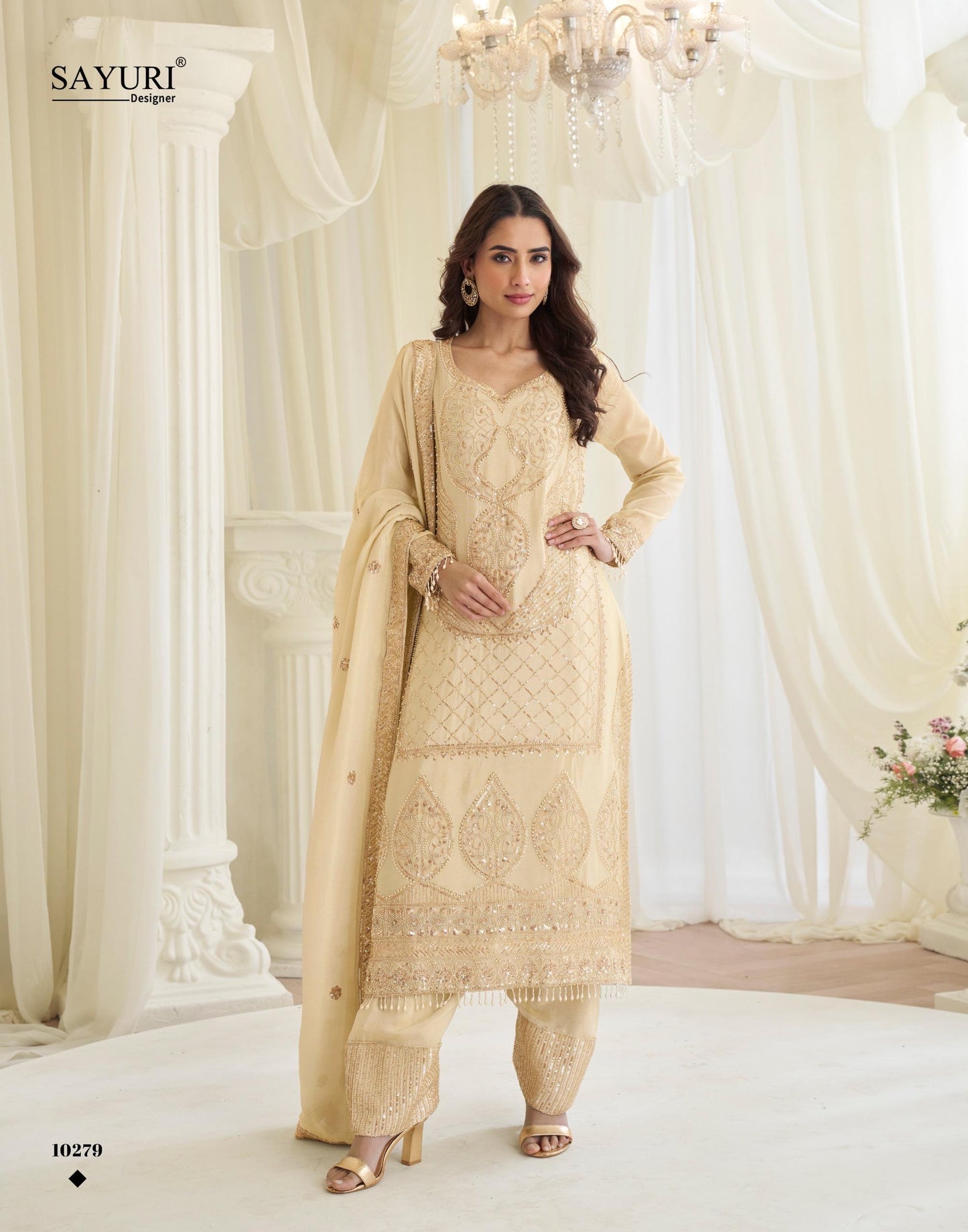 Delicate Floral Threadwork Stitched Suit