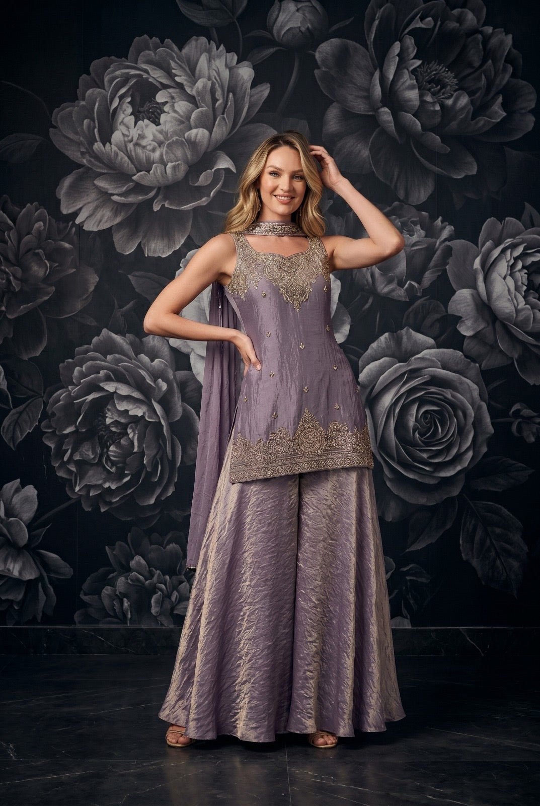 Tora Silk Plazo Kurta Set with Embroidery & Choker Style Cape Dupatta