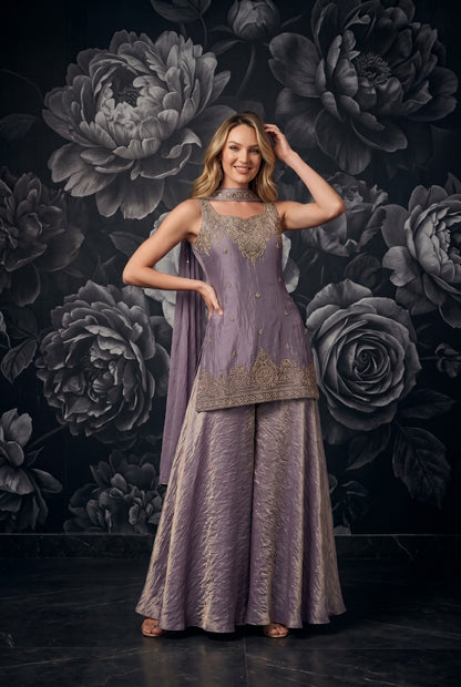 Tora Silk Plazo Kurta Set with Embroidery & Choker Style Cape Dupatta