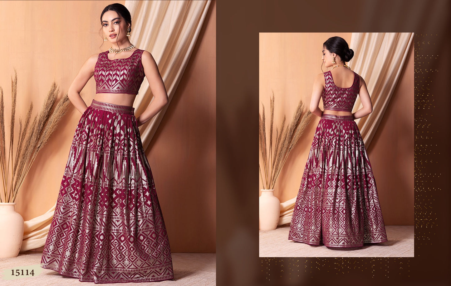Traditional lehenga choli, featuring intricate metallic foil work