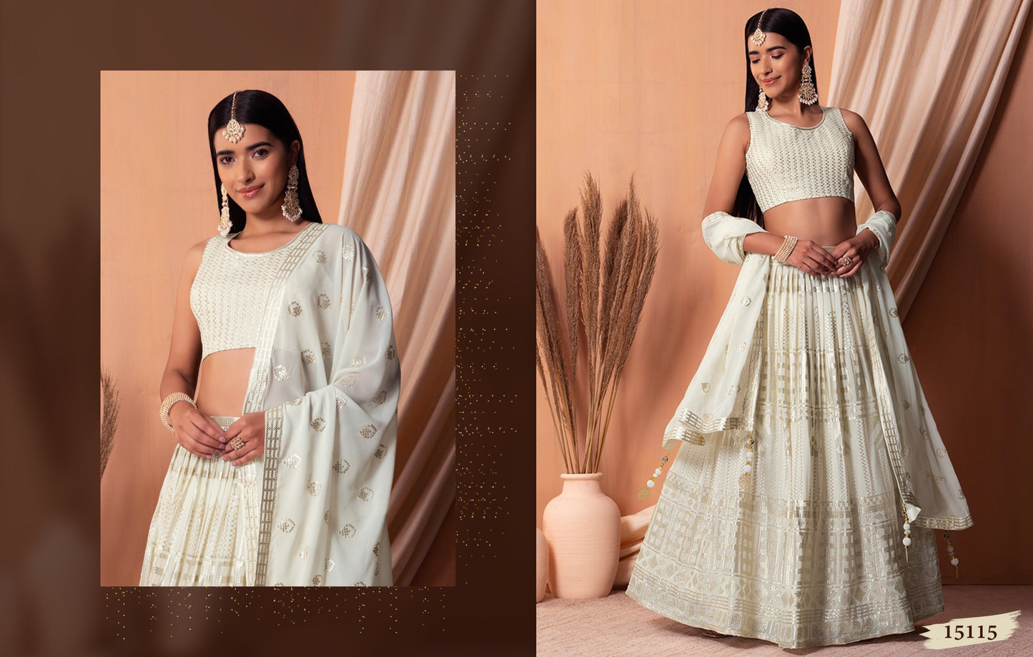 Traditional lehenga choli, featuring intricate metallic foil work