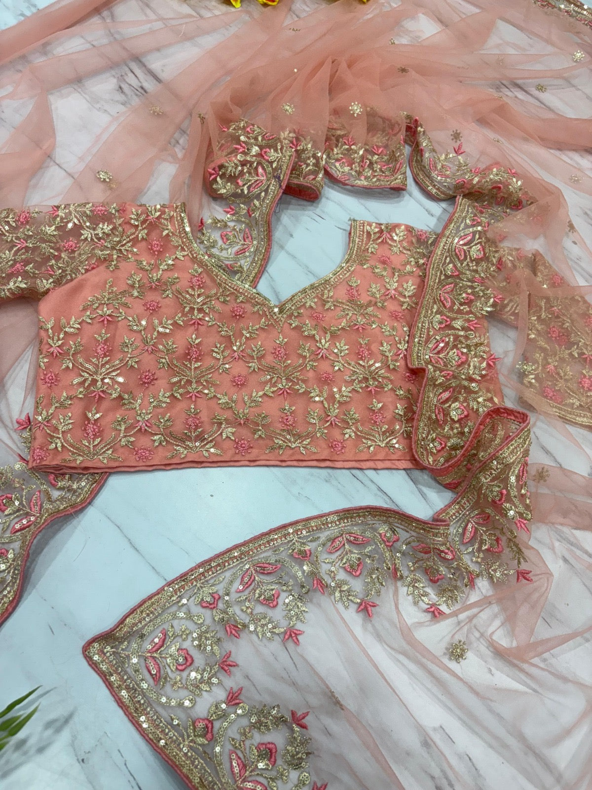 Peach Butterfly Net Saree with Intricate Zari Embroidery and Scalloped Borders