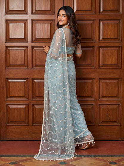 Designer handwork net saree with pearl tassles