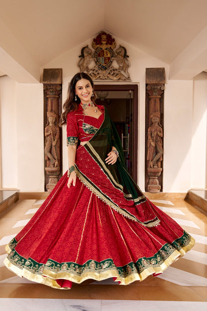 Crimson Red & Emerald Green Bandhani Print Navratri Special Designer Lehenga Choli