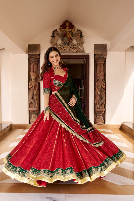 Crimson Red & Emerald Green Bandhani Print Navratri Special Designer Lehenga Choli