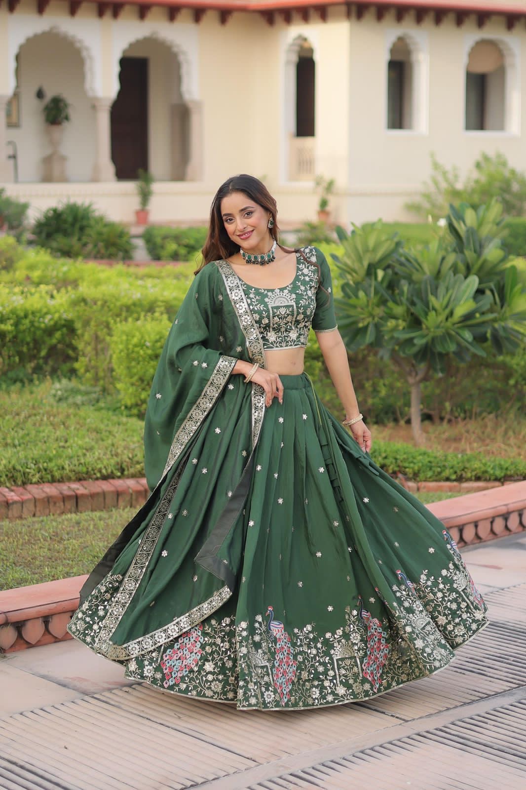 Forest Green Floral & Peacock Embroidery Lehenga Choli