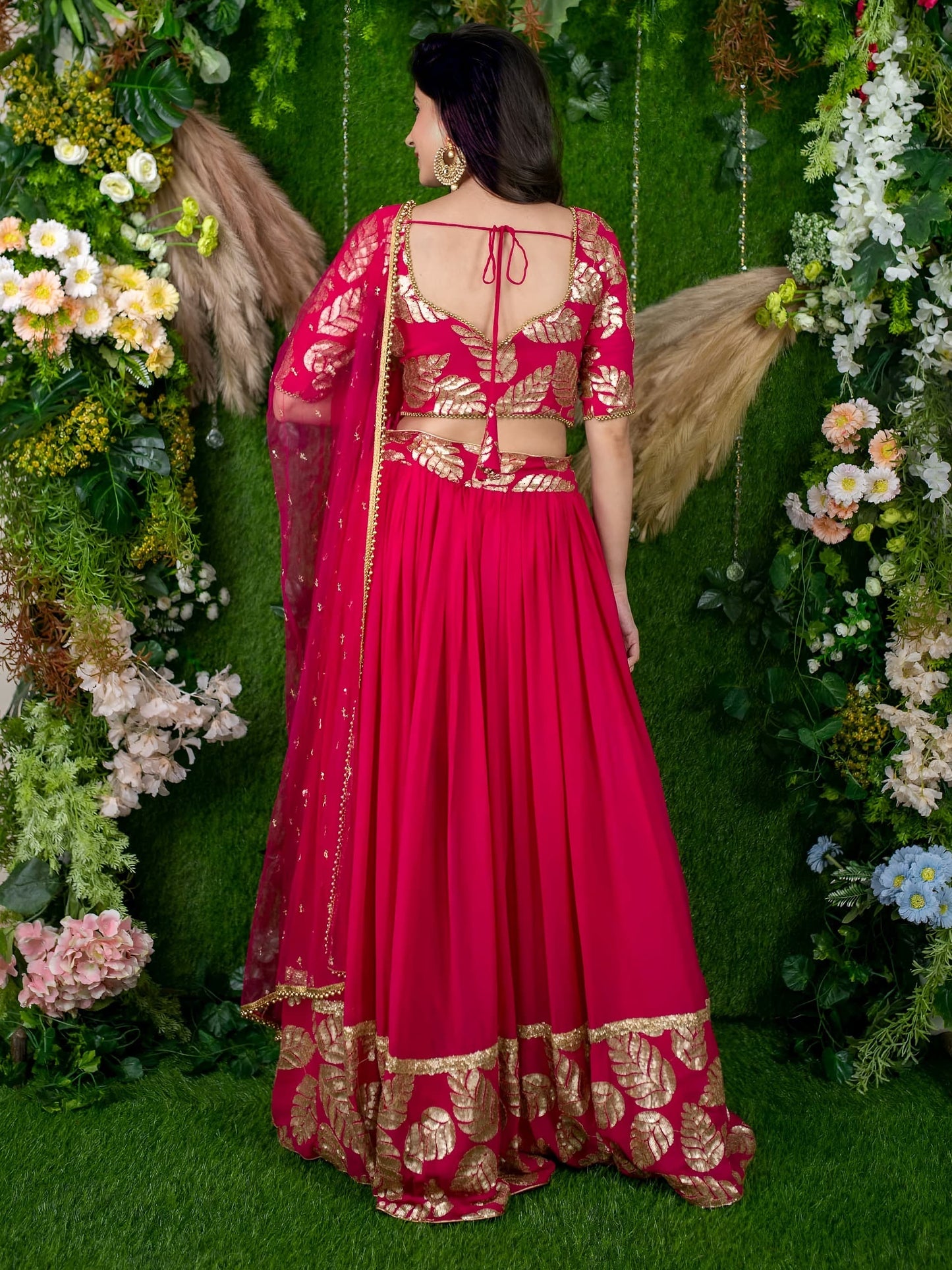 Hot Pink Designer Lehenga with Golden Leaf Embroidery