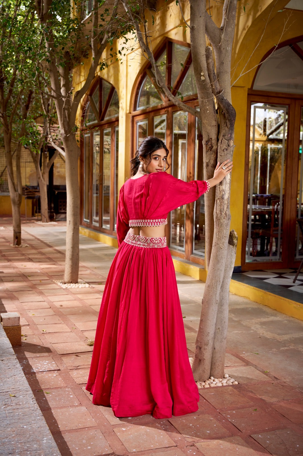 Vichitra Silk Co-ord Lehenga Set with Thread Embroidery & Stitched Blouse