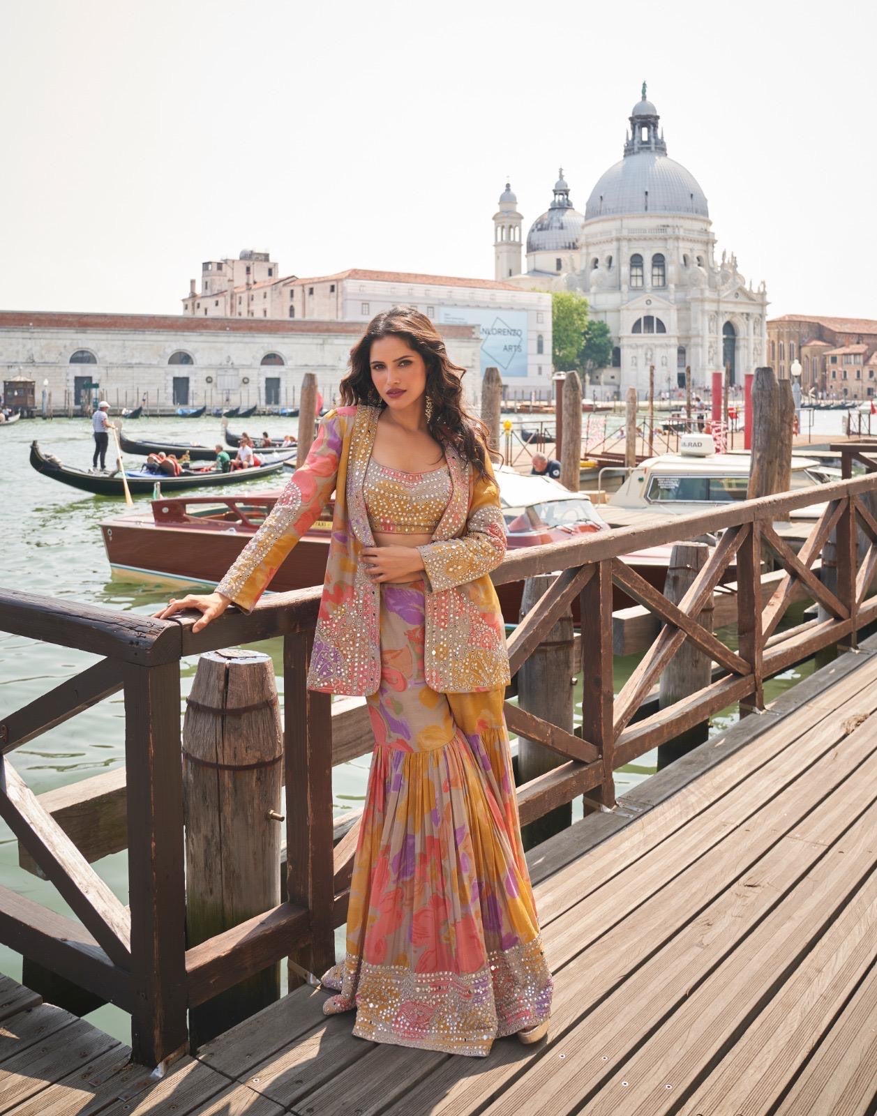 REAL PREMIUM CHINON SILK ( HEAVY EMBROIDERED FRONT AND BACK HAND MIRROR WORK JACKET WITH BLOUSE AND GHARARA