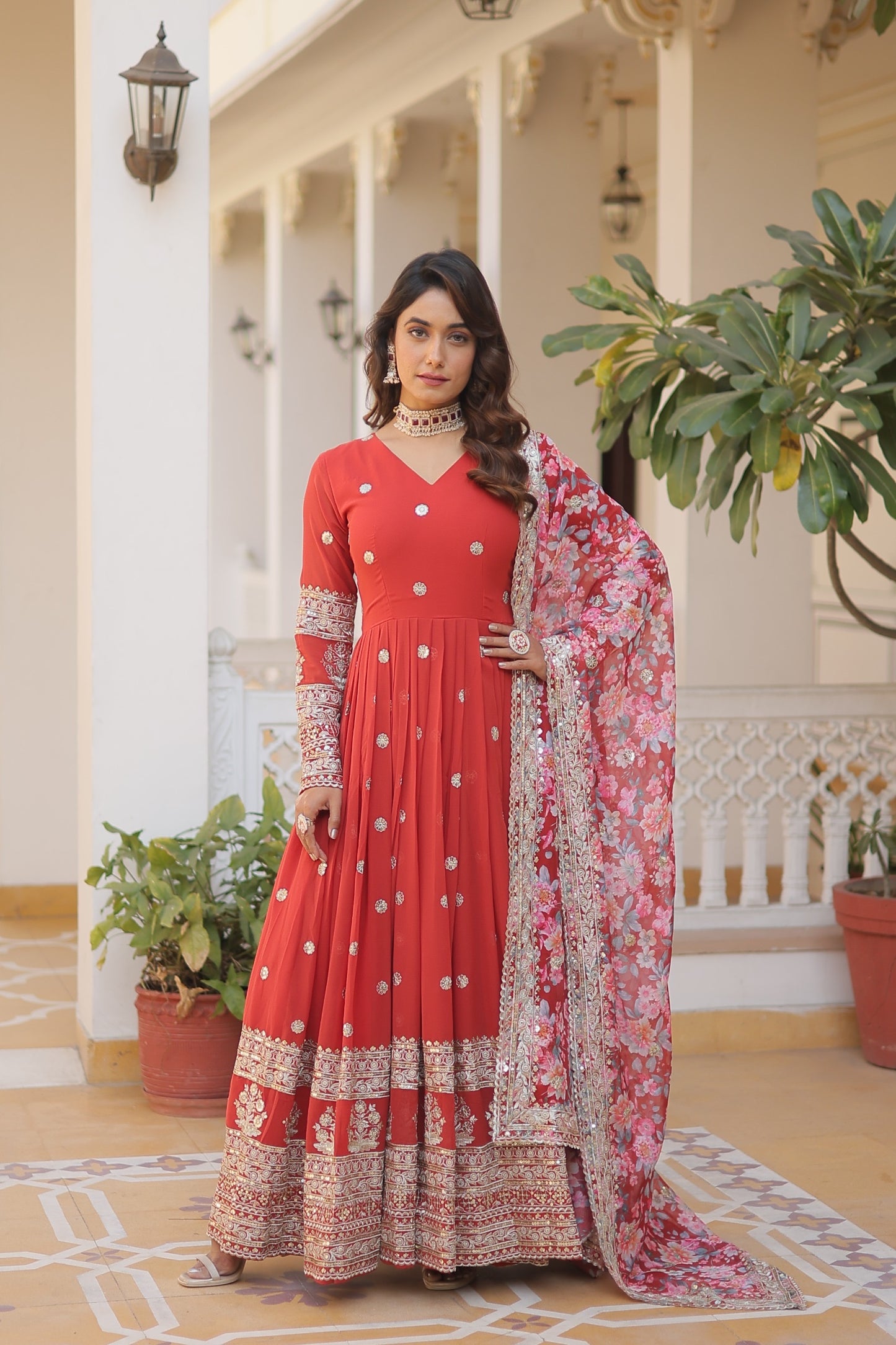 Floor-Length Anarkali gown with a vibrant Floral Dupatta