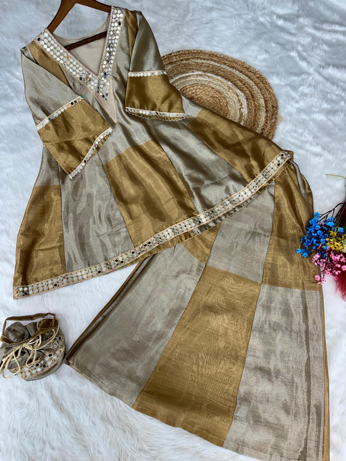 Antique Gold & Ivory Mirror-Work Suit with Batwa