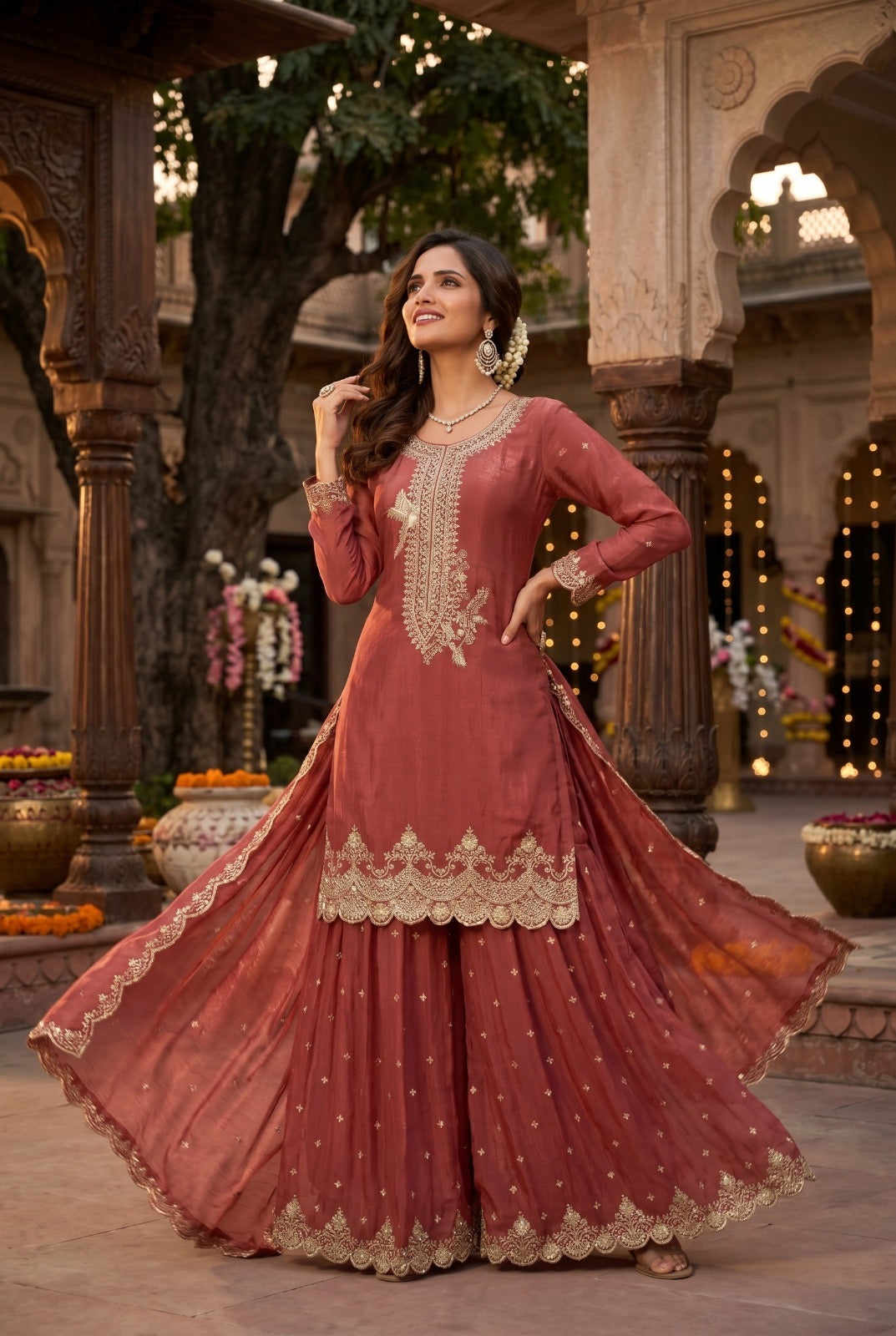 Festive Tora Silk Plazo Set with Embroidery work