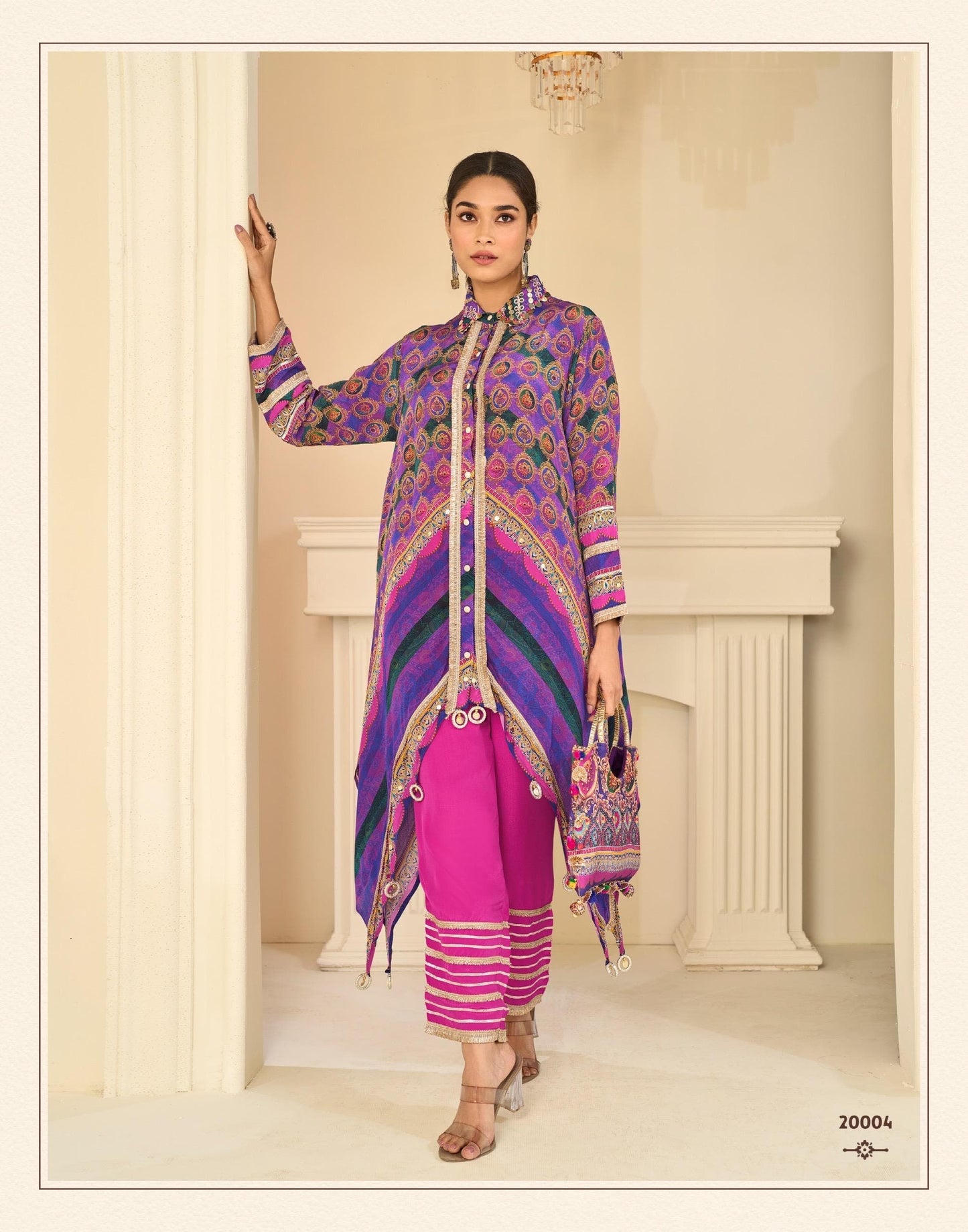 Multi-Color Geometric Print High-Low Tunic with Embellished Trousers with handbag