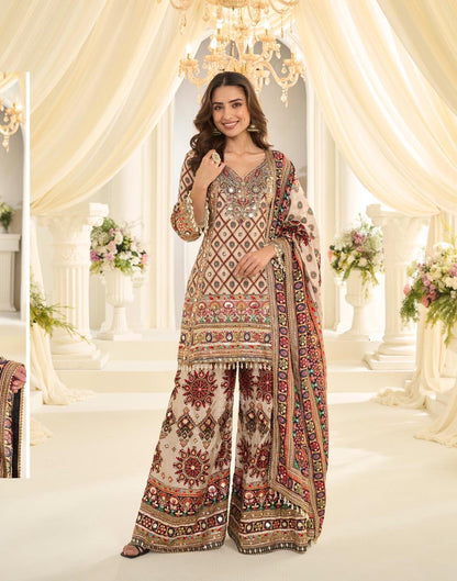 LATEST TRENDY NATURAL CREPE PRINTED TOP AND PLAZZO WITH HAND AARI WORK