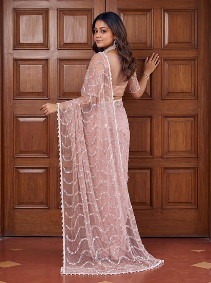 Designer handwork net saree with pearl tassles
