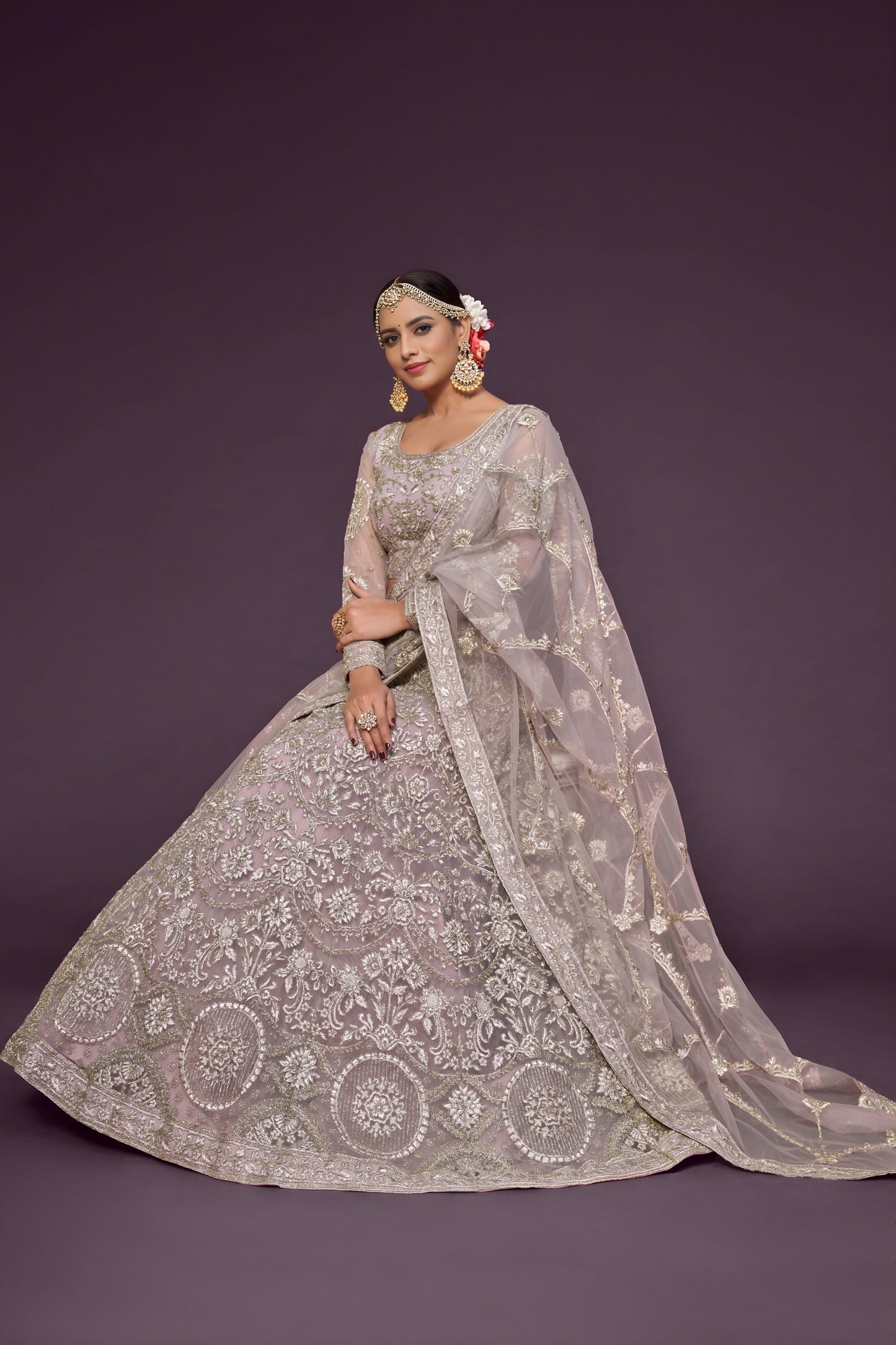 Soft Lavender Heavy Embroidered Net Lehenga Choli with Dupatta