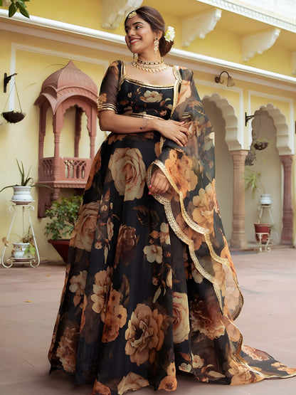 Black Floral Printed Lehenga Choli with Organza Dupatta