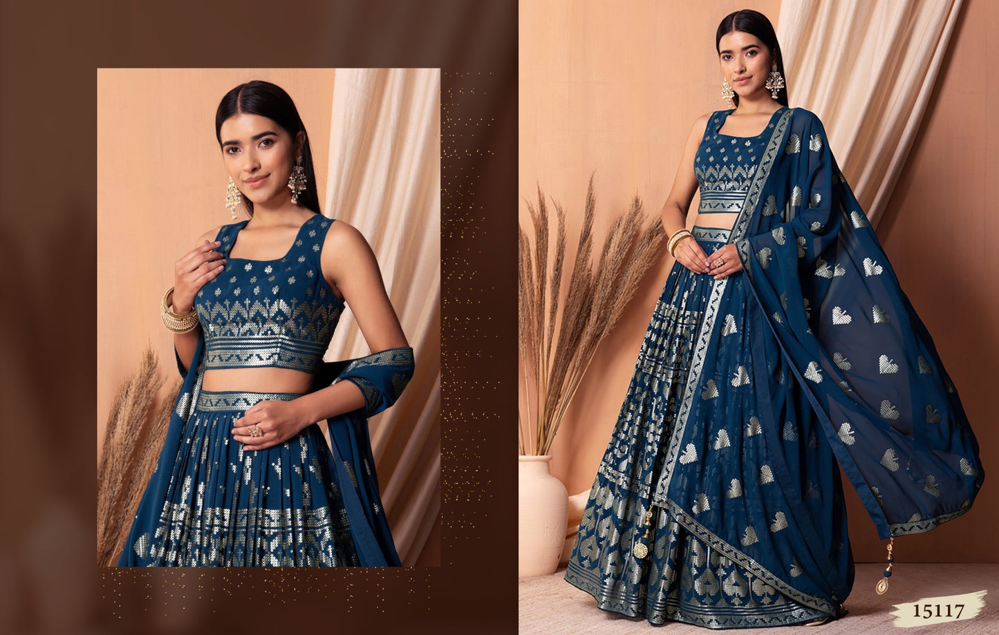 Traditional lehenga choli, featuring intricate metallic foil work