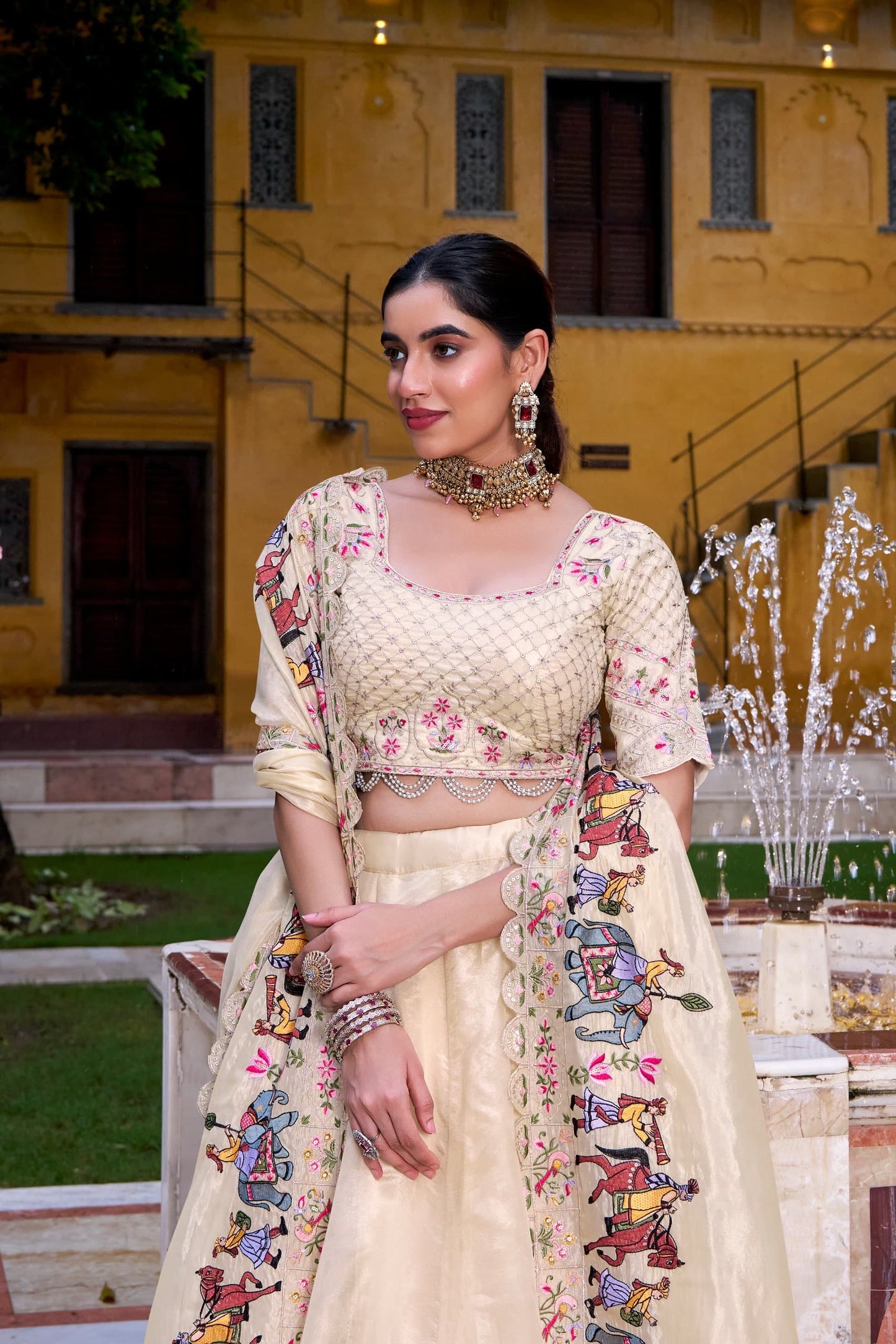 Majestic Off-White Raspberry Lehenga Choli with Sequin Embroidery & Dupatta