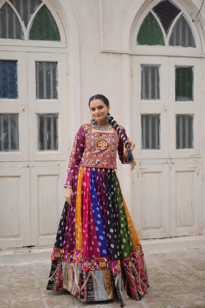 Multi-Color Bandhani & Kutchi Mirror Work Navratri Lehenga Choli