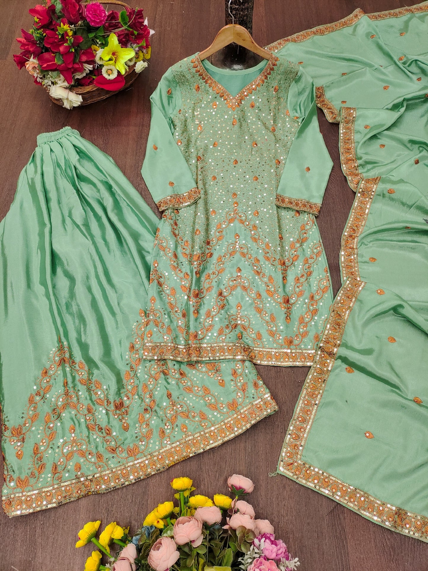 Designer Chinon Sharara Suit Set with Sequin Embroidery & Dupatta