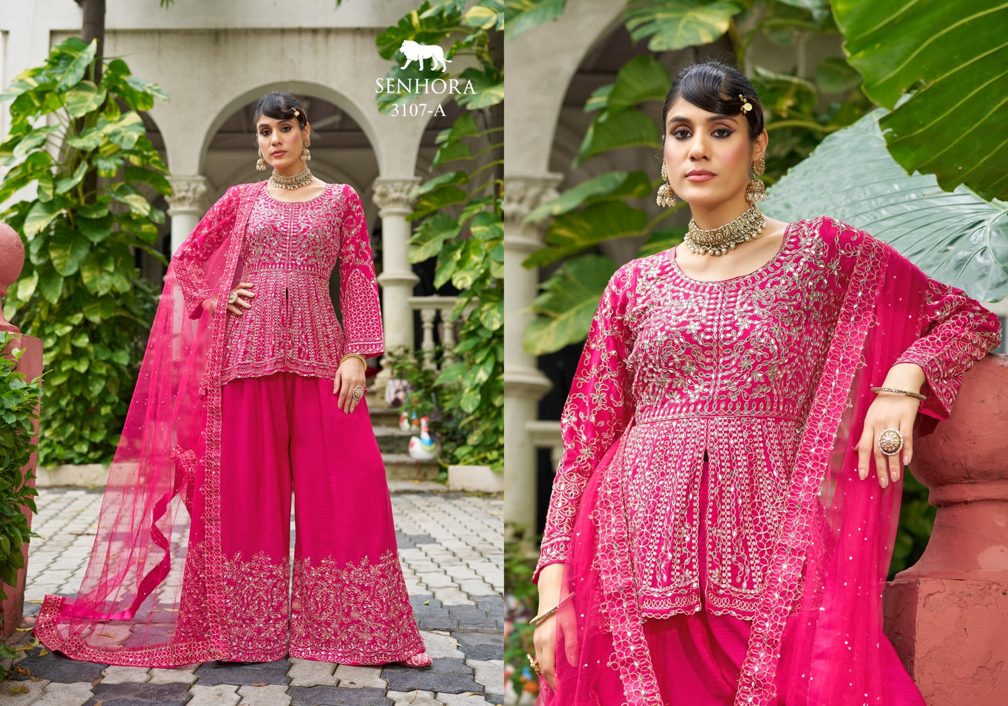 Chinon Sharara Set with Real Mirror Embroidery & Net Dupatta